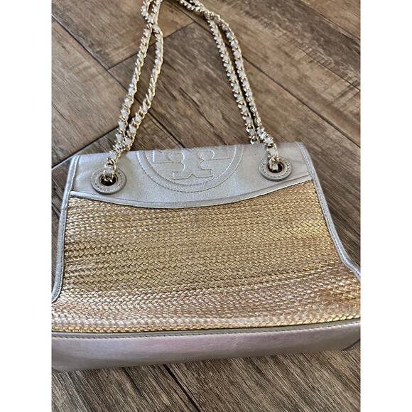 Tory Burch Women's gold and Silver raffia Fleming Metallic Flap Shoulder Bag - Picture 3 of 9